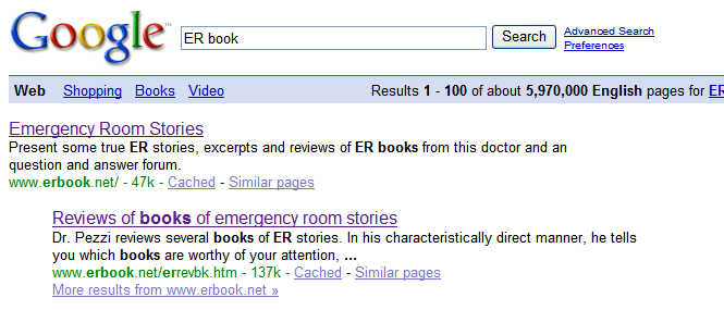 Google ranking 2-3-2008 ER book
