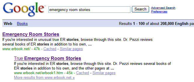 Google ranking 2-3-2008 ER stories